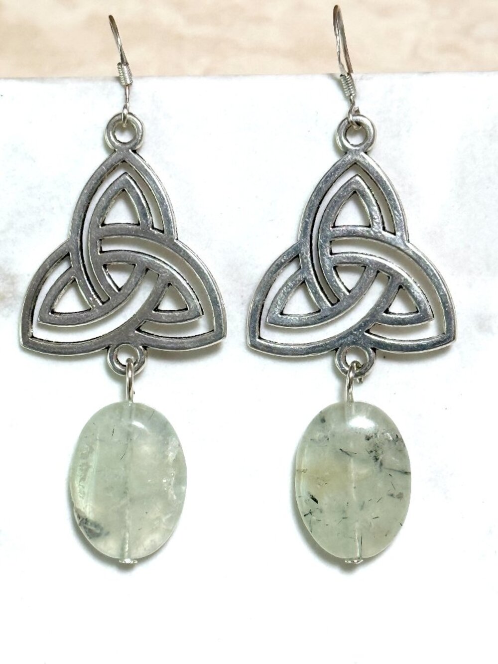 2/$20, Pale Green Prehnite Triqueta Earrings, Gemstone & Sterling Silver Hooks